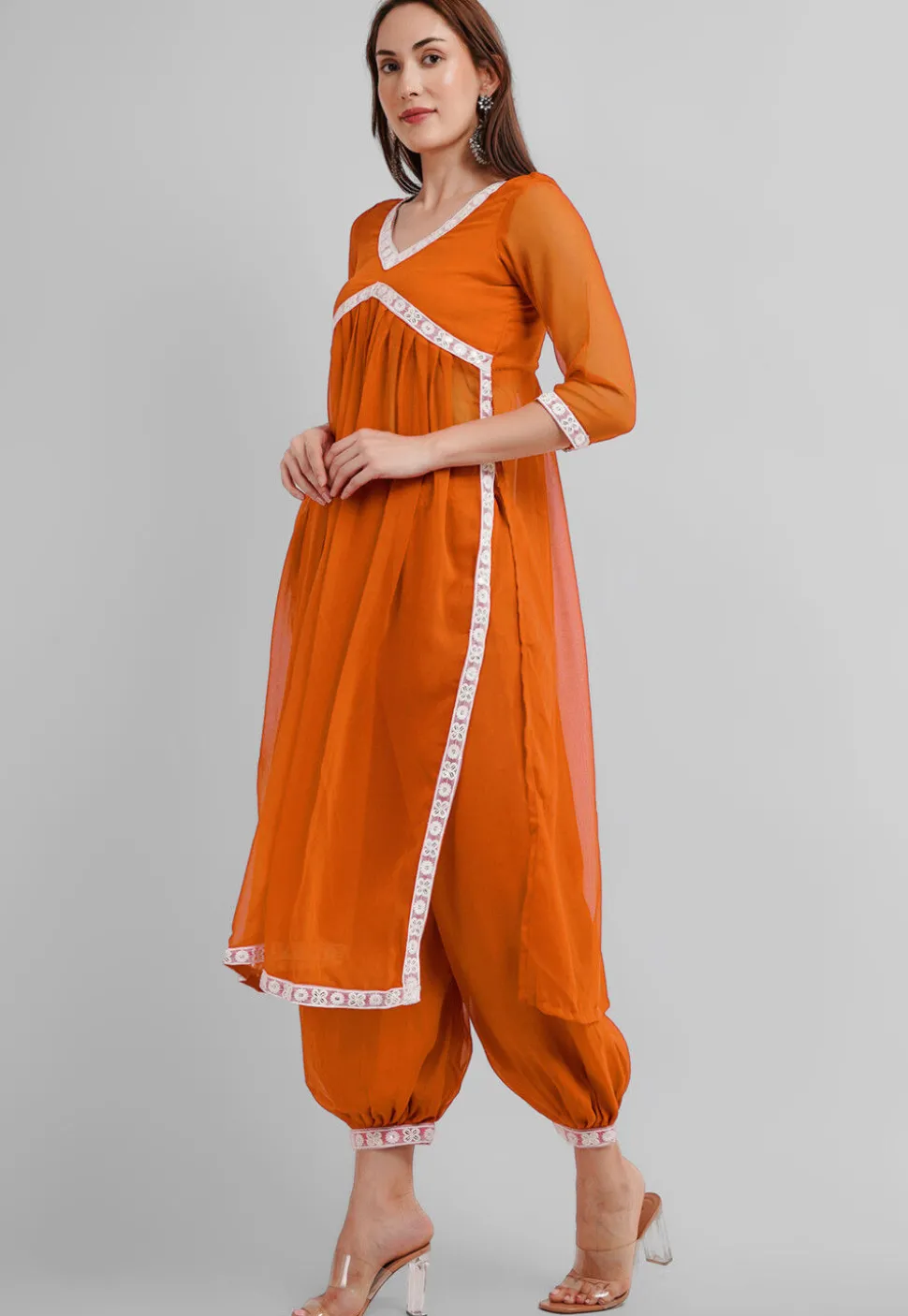 Embroidered Georgette Alia Cut Punjabi Suit in Orange