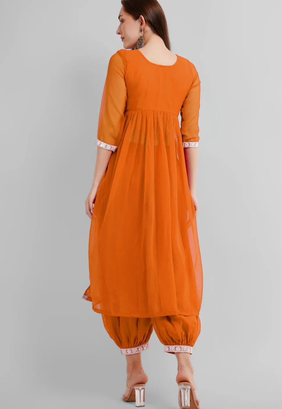 Embroidered Georgette Alia Cut Punjabi Suit in Orange