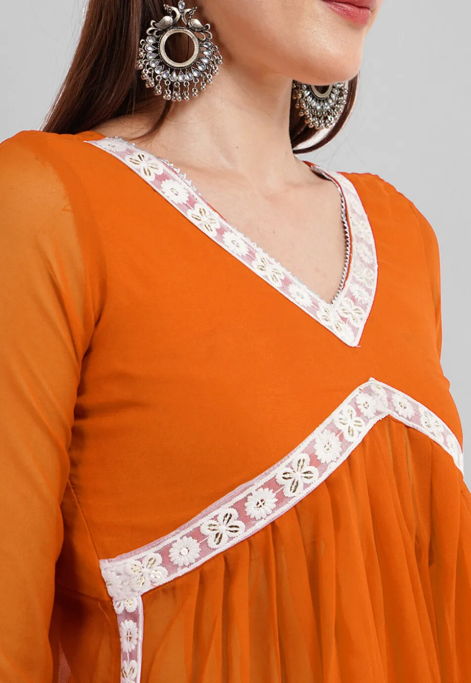 Embroidered Georgette Alia Cut Punjabi Suit in Orange