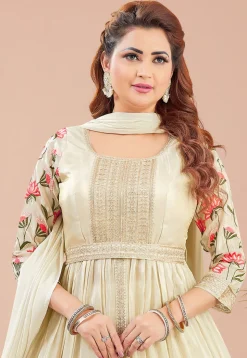 Embroidered Georgette Anarkali suit in Light Beige