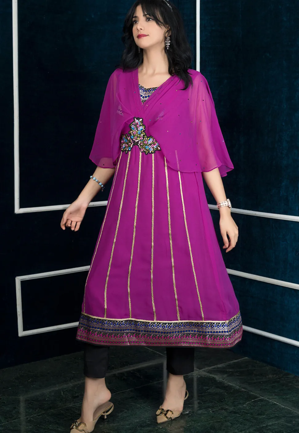 Embroidered Georgette Anarkali Suit in Magenta