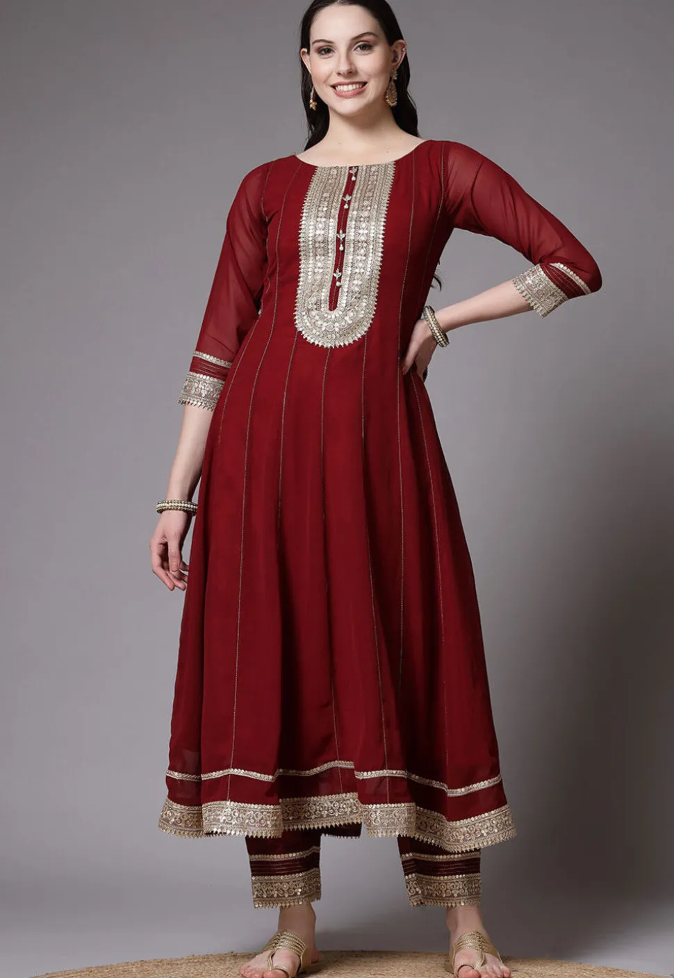 Embroidered Georgette Anarkali Suit in Maroon