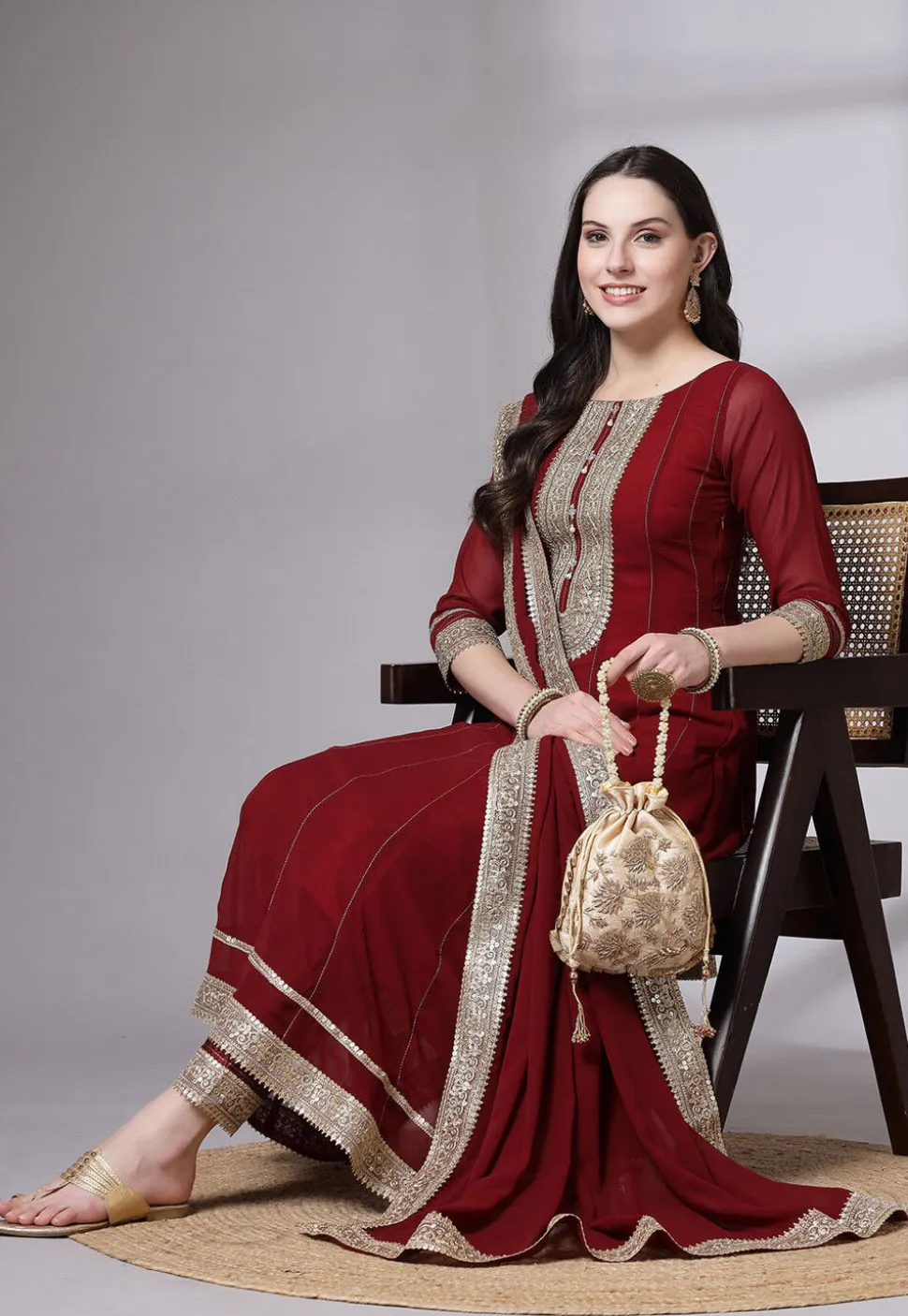 Embroidered Georgette Anarkali Suit in Maroon