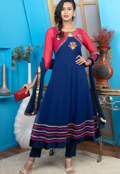 Embroidered Georgette Anarkali Suit in Navy Blue