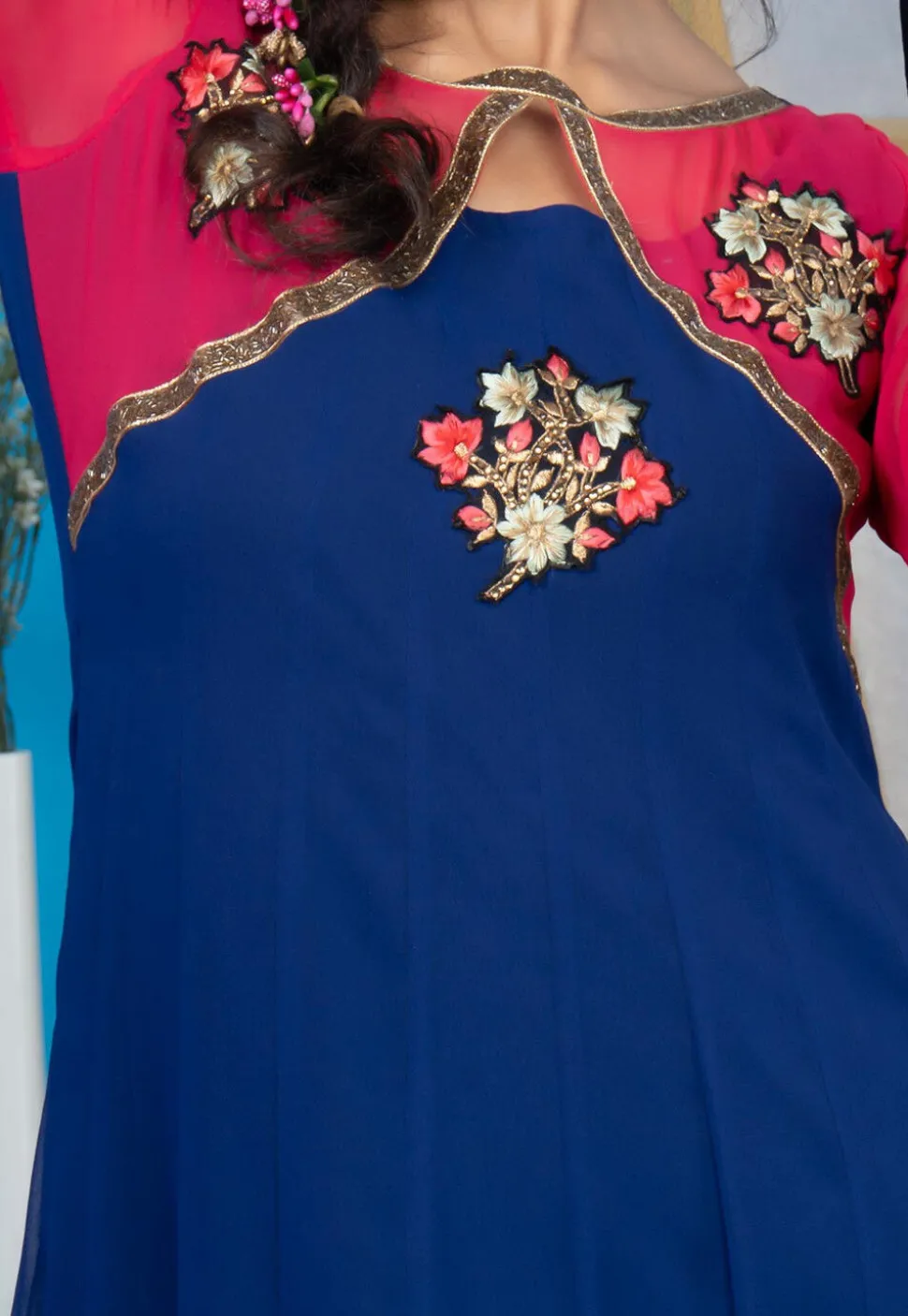 Embroidered Georgette Anarkali Suit in Navy Blue