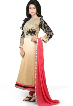 Embroidered Georgette Anarkali Suit In Beige Ombre