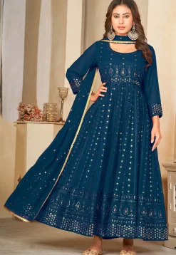 Embroidered Georgette Anarkali Suit in Teal Blue