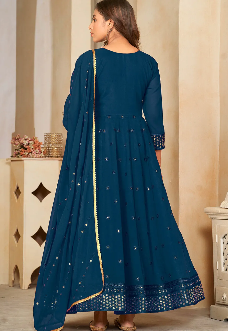 Embroidered Georgette Anarkali Suit in Teal Blue