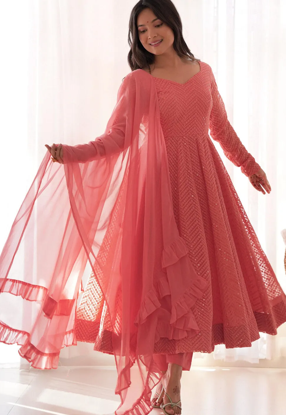 Embroidered Georgette Anarkali Suit in Peach