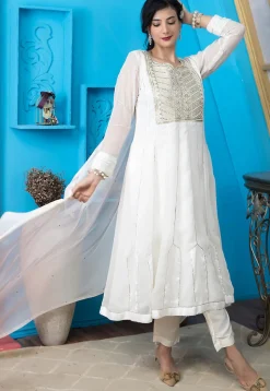 Embroidered Georgette Anarkali Suit in Off White