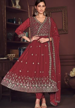 Embroidered Georgette Anarkali Suit in Maroon