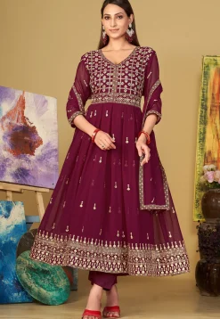 Embroidered Georgette Anarkali Suit in Dark Pink