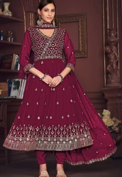 Embroidered Georgette Anarkali Suit in Dark Pink