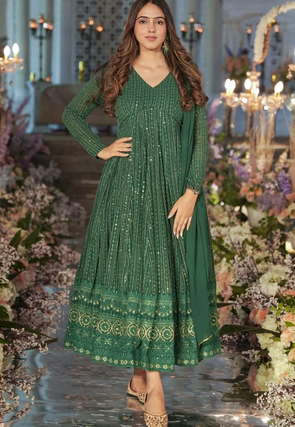 Embroidered Georgette Anarkali Suit in Dark Green