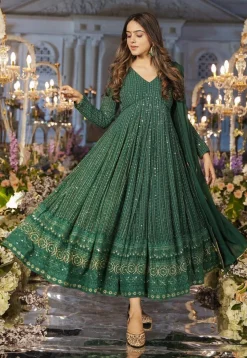 Embroidered Georgette Anarkali Suit in Dark Green