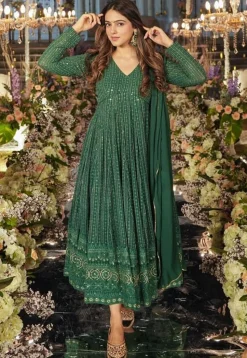 Embroidered Georgette Anarkali Suit in Dark Green