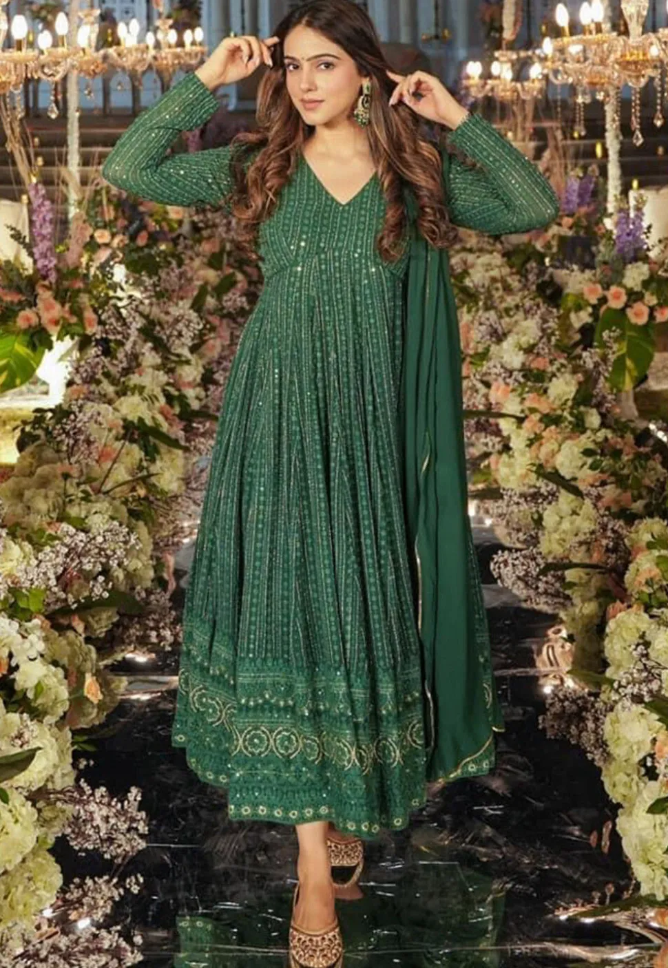 Embroidered Georgette Anarkali Suit in Dark Green