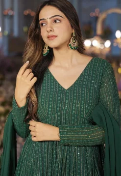 Embroidered Georgette Anarkali Suit in Dark Green