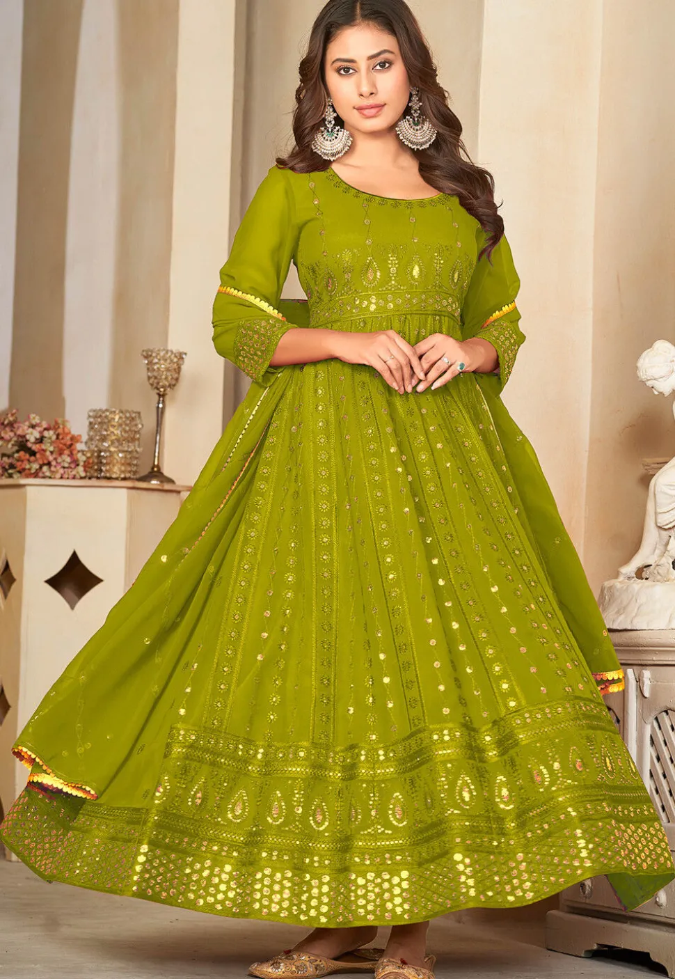 Embroidered Georgette Anarkali Suit in Olive Green