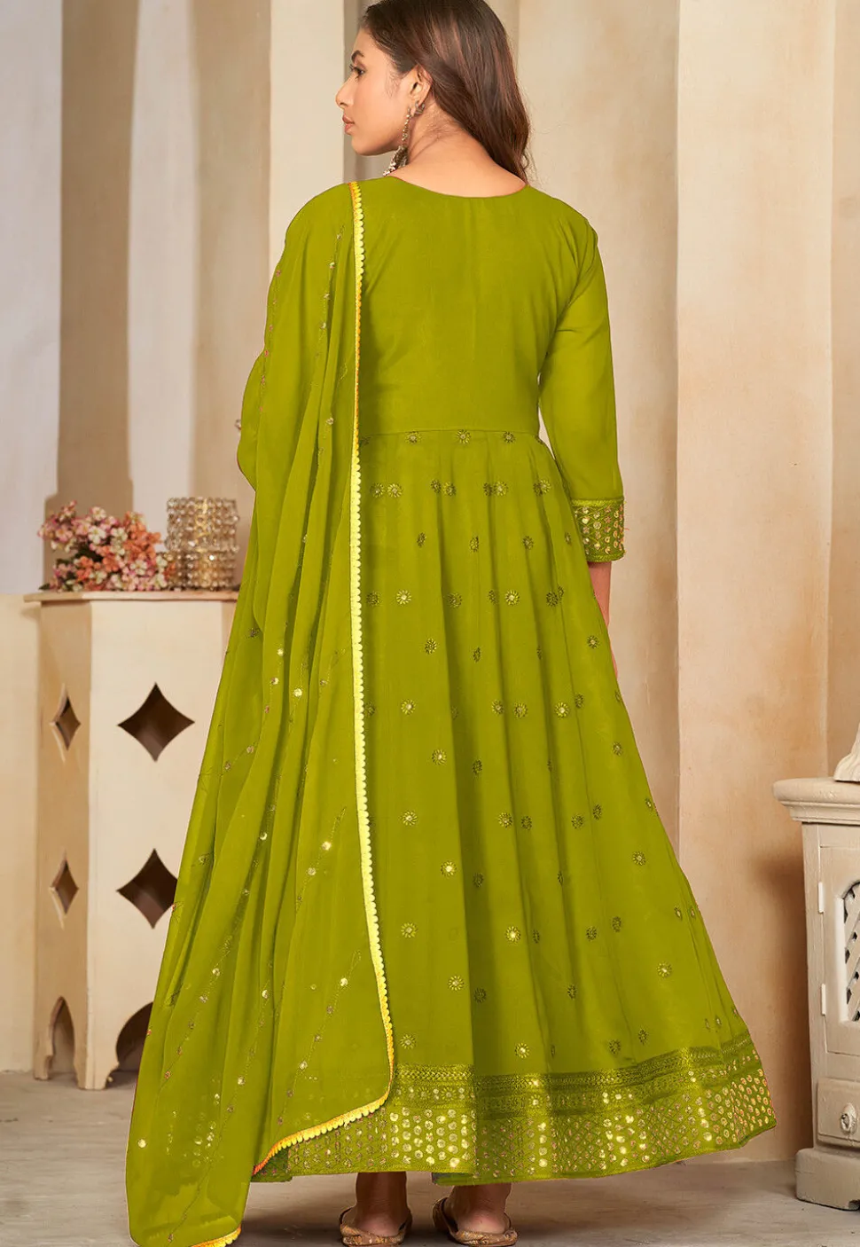 Embroidered Georgette Anarkali Suit in Olive Green