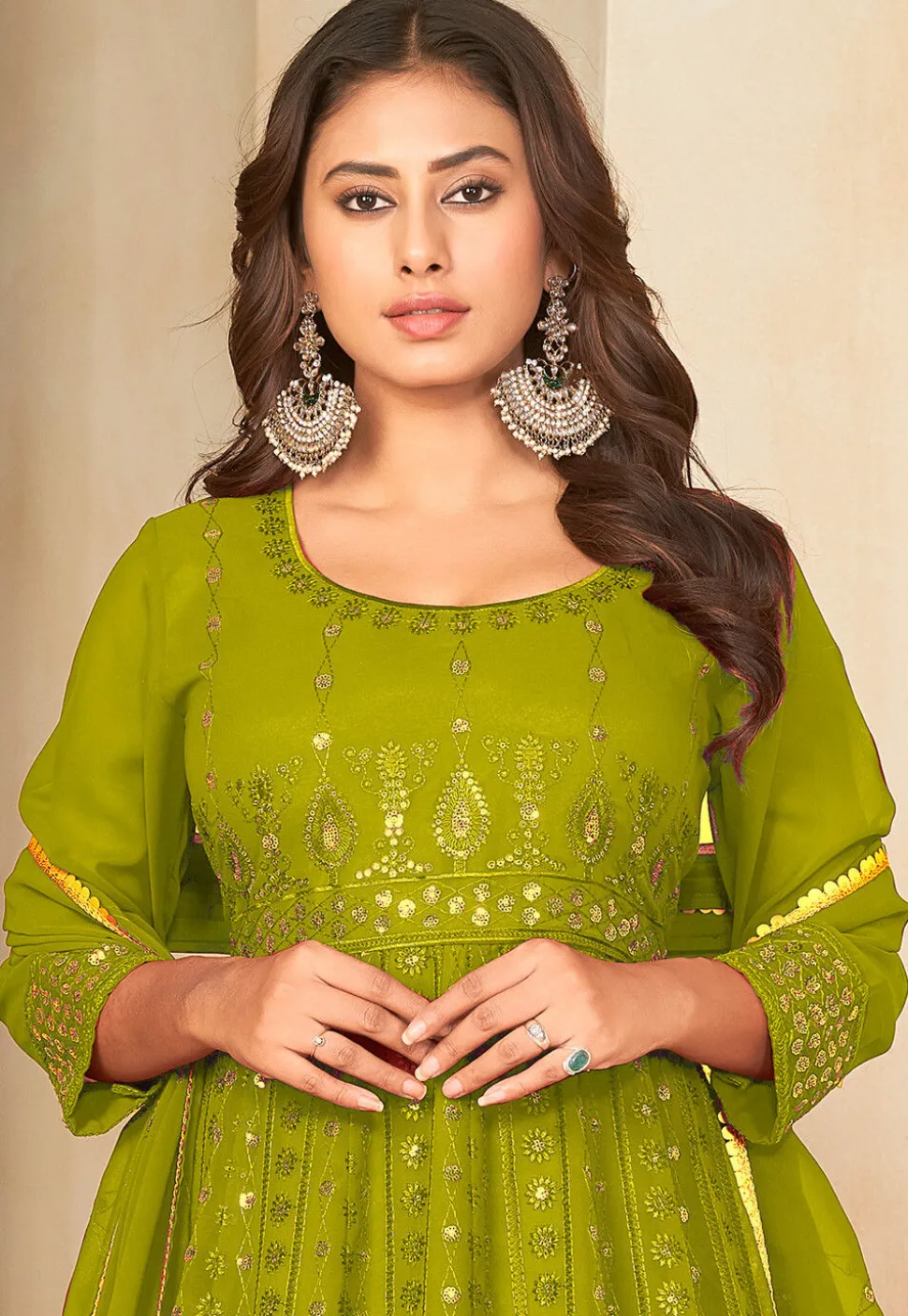 Embroidered Georgette Anarkali Suit in Olive Green