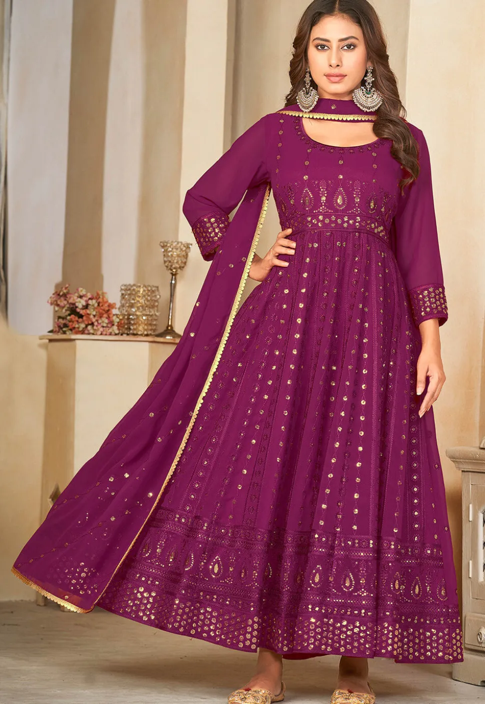 Embroidered Georgette Anarkali Suit in Purple