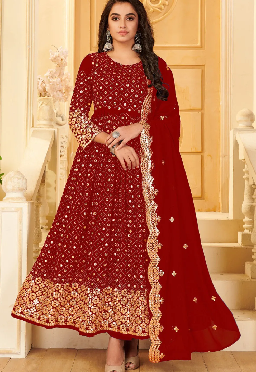 Embroidered Georgette Anarkali Suit in Maroon