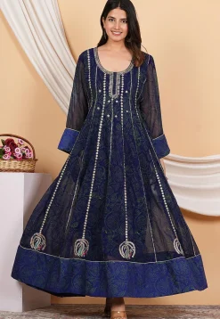 Embroidered Georgette Anarkali Suit in Navy Blue