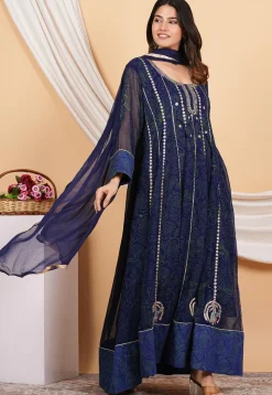 Embroidered Georgette Anarkali Suit in Navy Blue