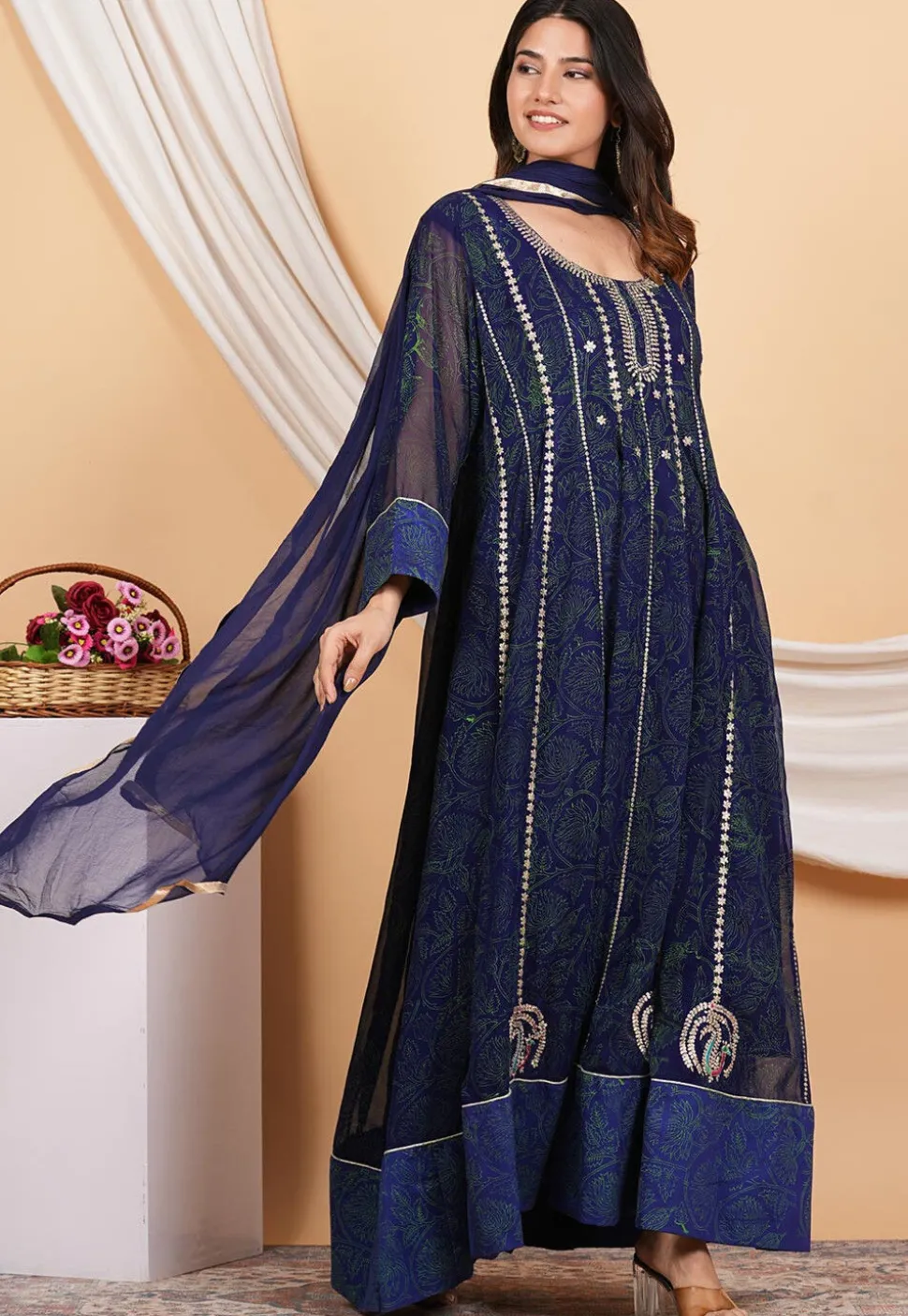 Embroidered Georgette Anarkali Suit in Navy Blue