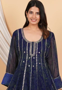 Embroidered Georgette Anarkali Suit in Navy Blue