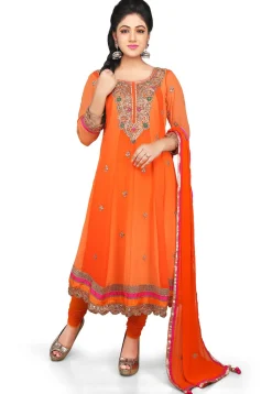 Embroidered Georgette Anarkali Suit in Orange