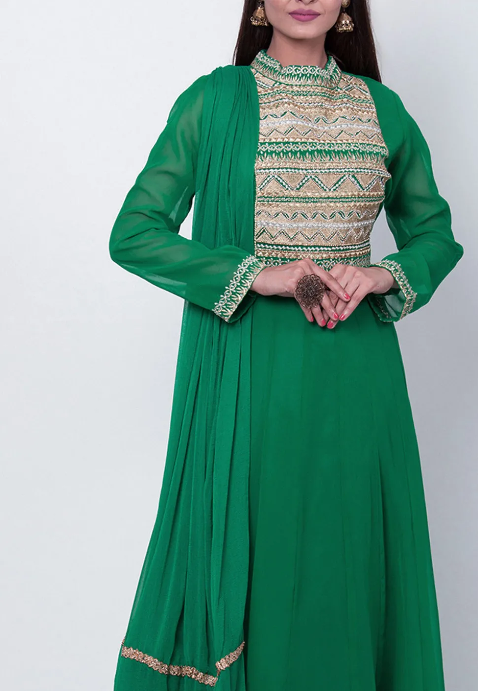Embroidered Georgette Anarkali Suit in Teal Green