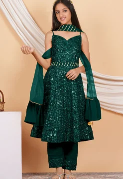 Embroidered Georgette Anarkali Suit in Dark Green