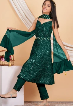 Embroidered Georgette Anarkali Suit in Dark Green