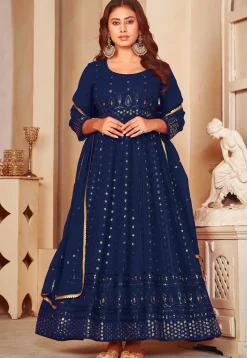 Embroidered Georgette Anarkali Suit in Navy Blue