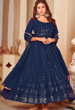 Embroidered Georgette Anarkali Suit in Navy Blue