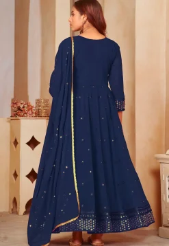Embroidered Georgette Anarkali Suit in Navy Blue