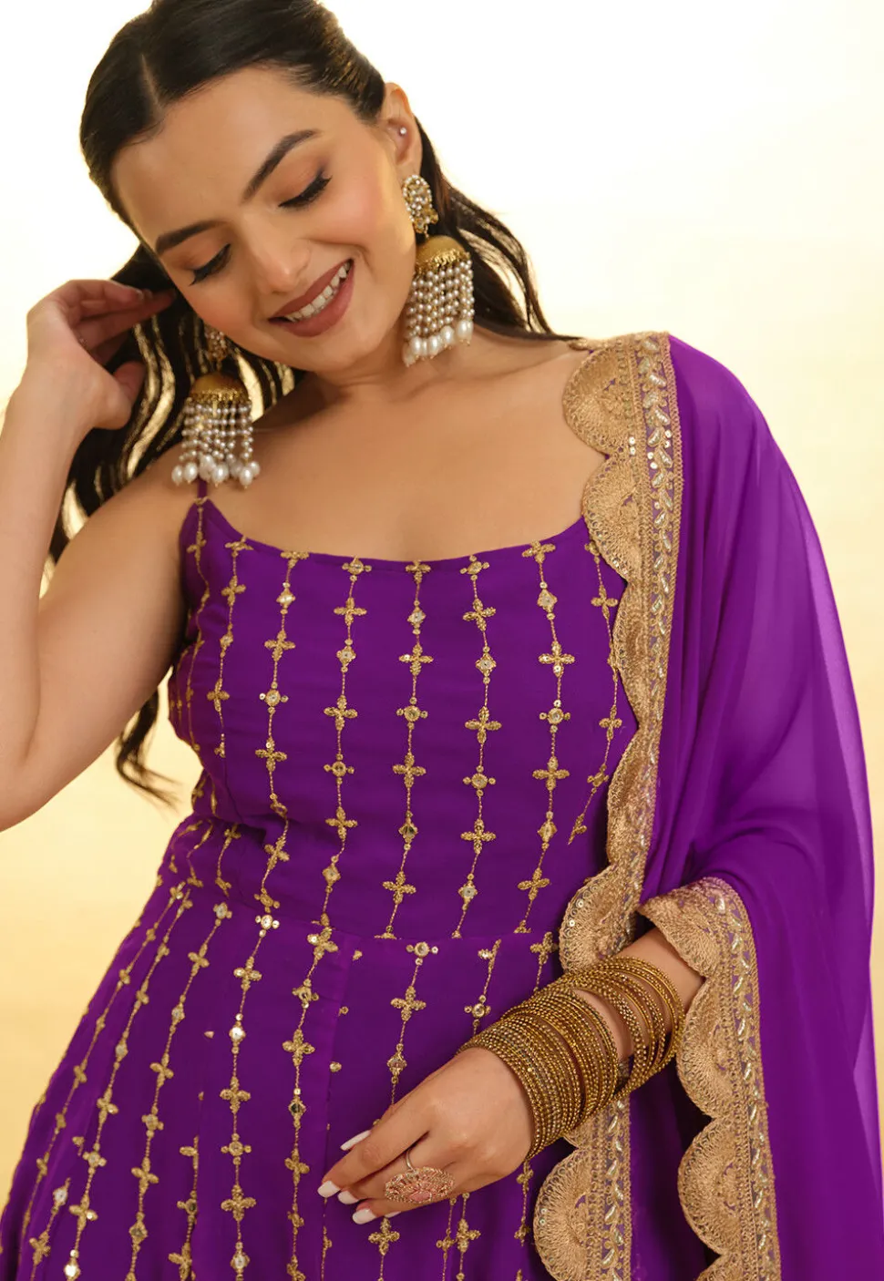 Embroidered Georgette Anarkali Suit in Purple