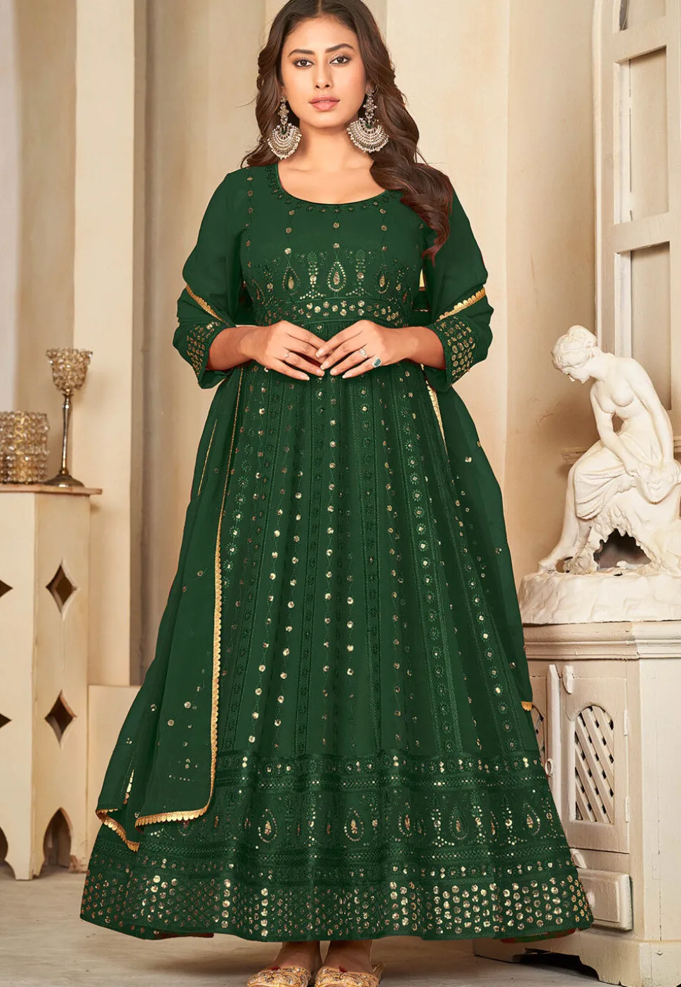 Embroidered Georgette Anarkali Suit in Dark Green