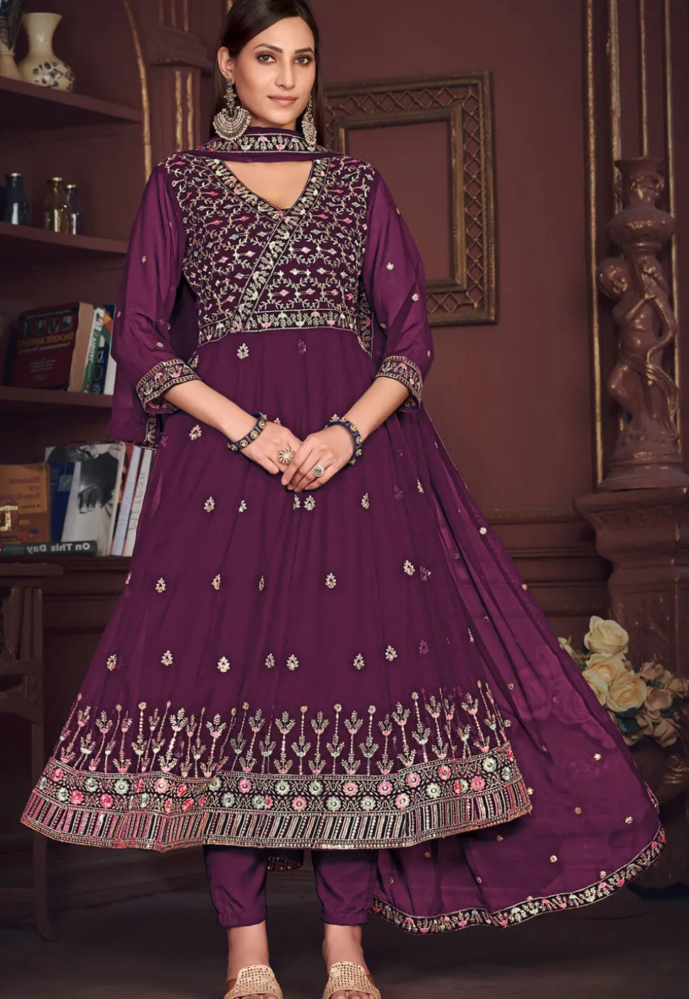Embroidered Georgette Anarkali Suit in Purple