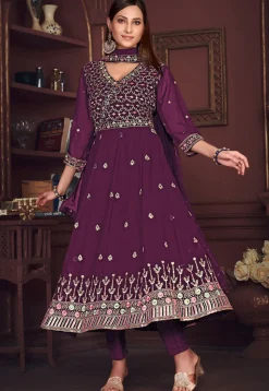 Embroidered Georgette Anarkali Suit in Purple