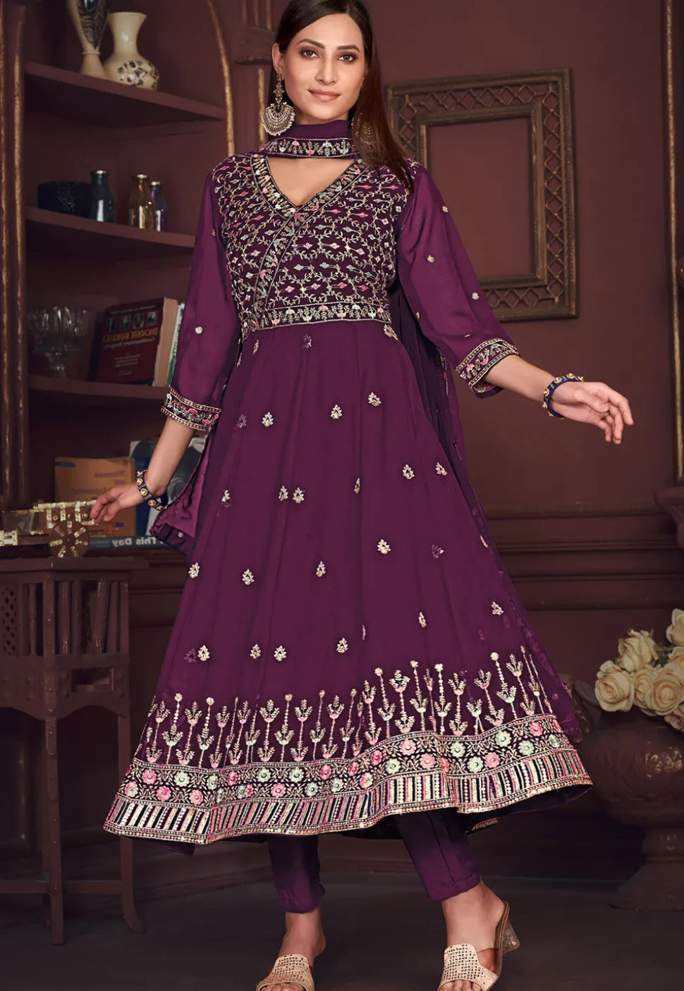 Embroidered Georgette Anarkali Suit in Purple