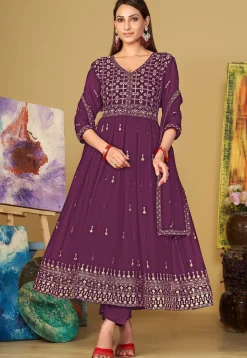 Embroidered Georgette Anarkali Suit in Purple