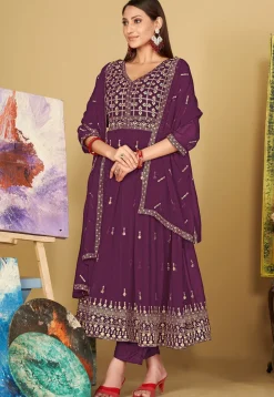 Embroidered Georgette Anarkali Suit in Purple