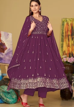 Embroidered Georgette Anarkali Suit in Purple