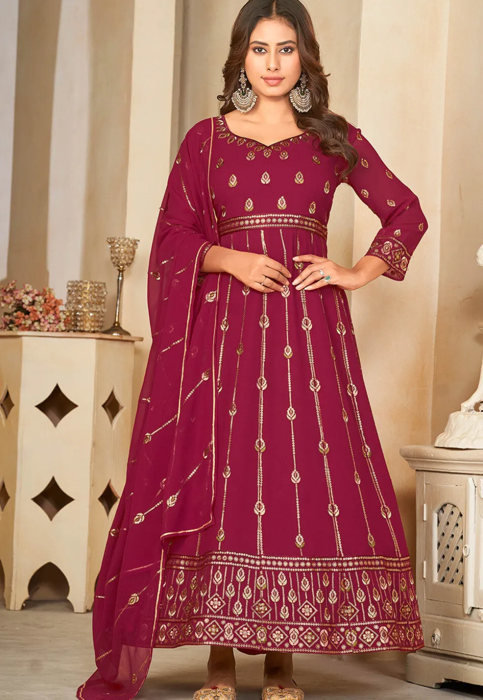 Embroidered Georgette Anarkali Suit in Magenta