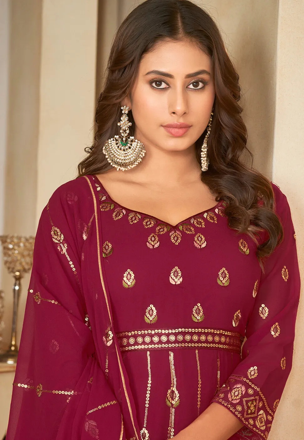Embroidered Georgette Anarkali Suit in Magenta