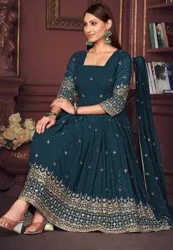 Embroidered Georgette Anarkali Suit in Teal Blue
