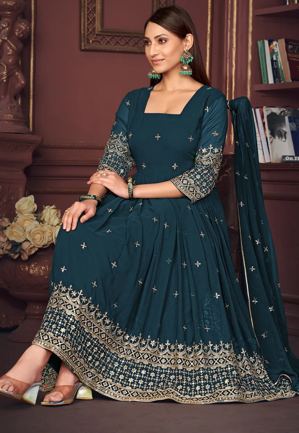 Embroidered Georgette Anarkali Suit in Teal Blue